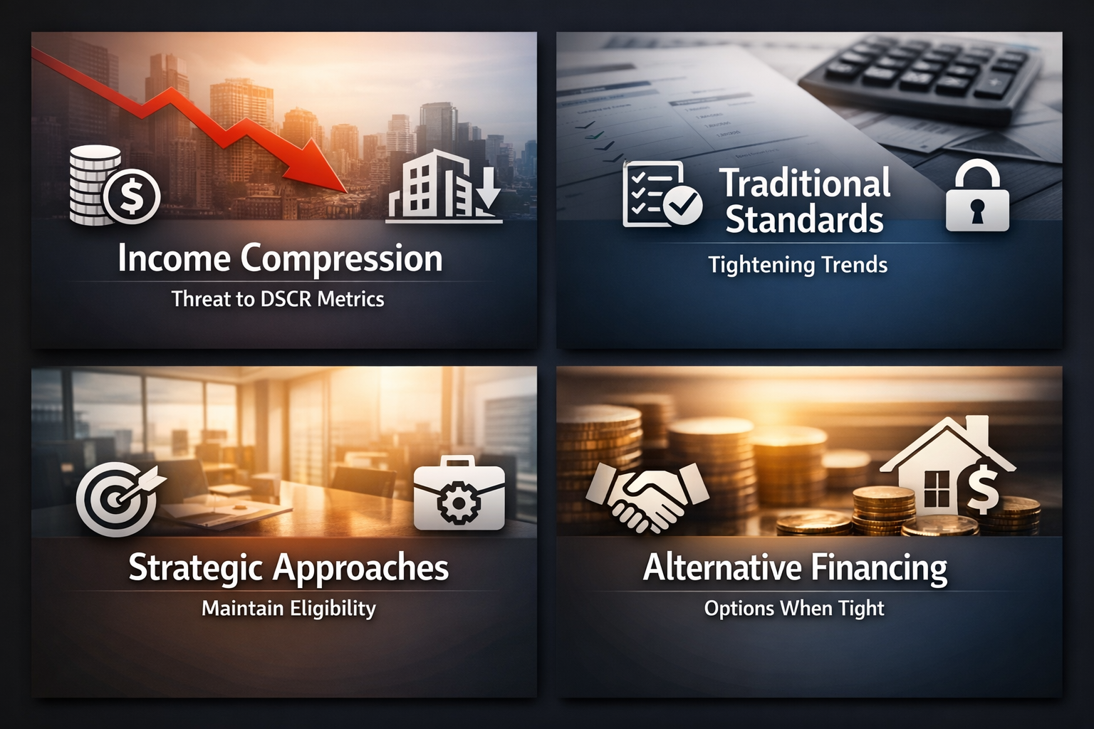 Infographic showing income compression, traditional lending standards, strategic approaches, and alternative financing options.