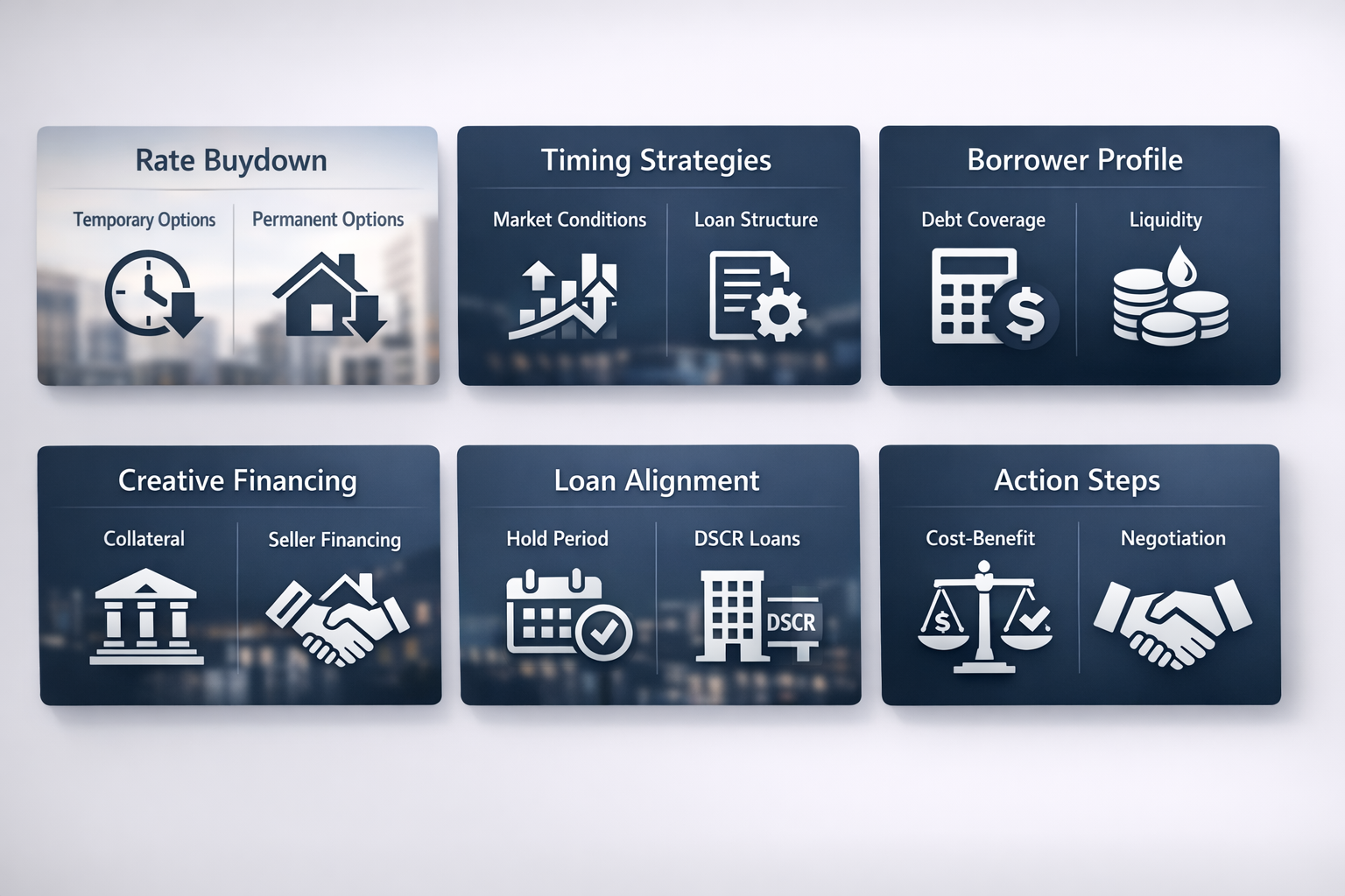 Visualizing strategies to lower rental loan interest rates including rate buydowns, timing strategies, and action steps.