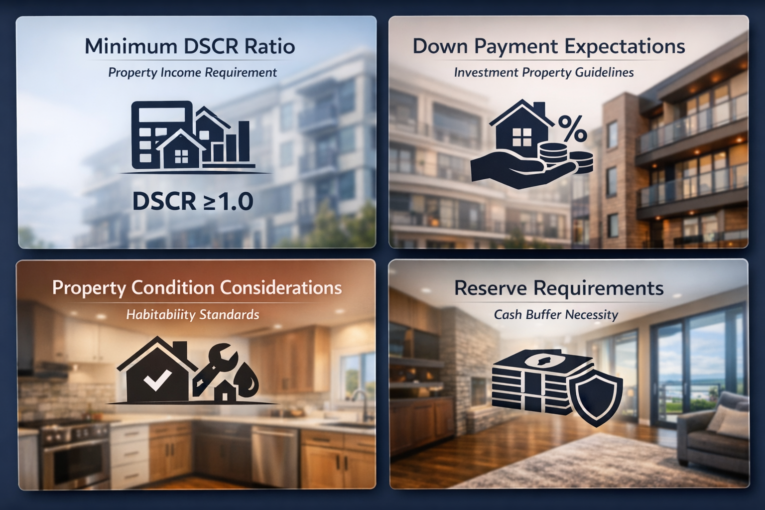 Visual breakdown of DSCR loan qualification criteria including DSCR ratio, down payment, property condition, and reserve requirements.