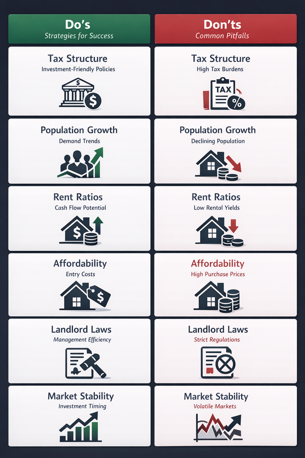 Visual representation of do's and don'ts for selecting rental property states, including tax structure and market stability factors.