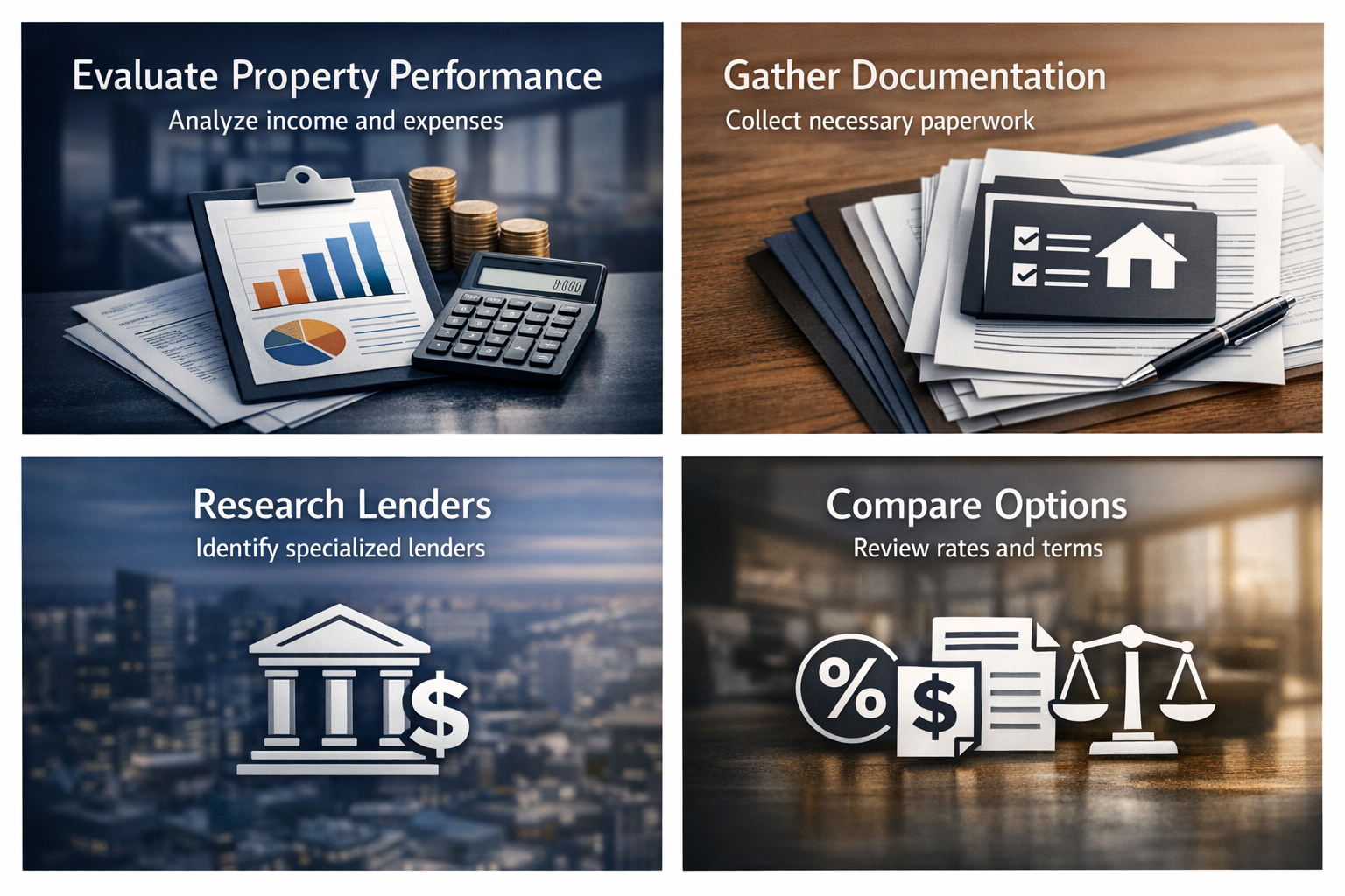 Step-by-step process for refinancing rental properties without tax returns, including evaluating performance and gathering documentation.