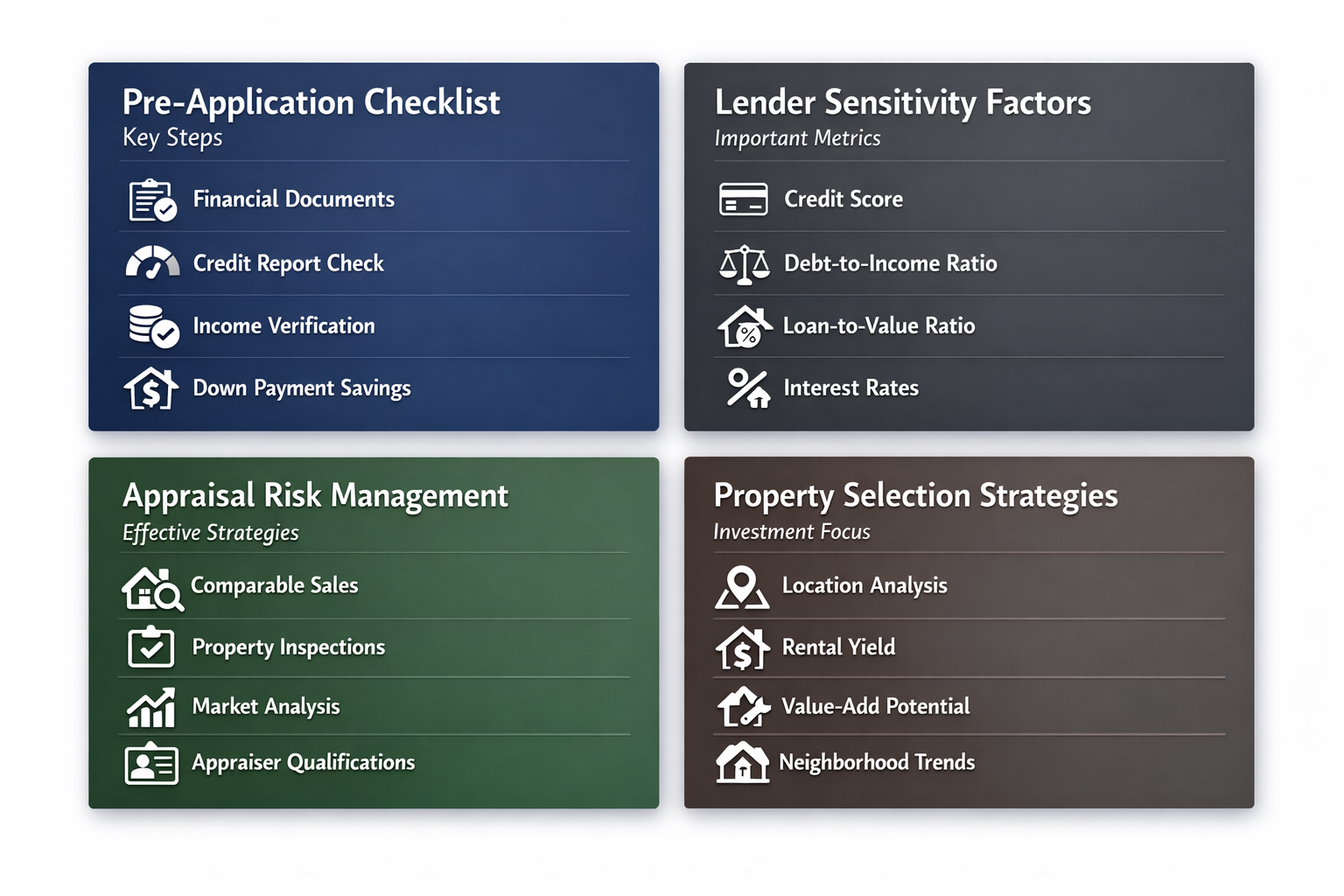 Infographic detailing pre-application checklist, lender sensitivity factors, appraisal risk management, and property selection strategies.