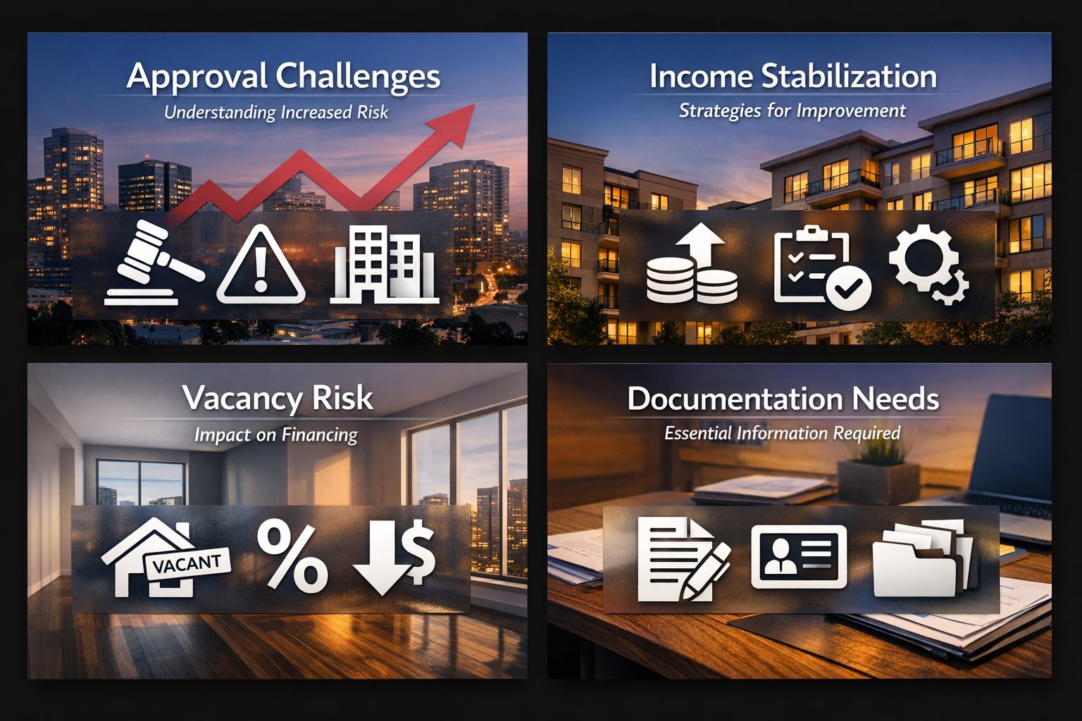 Infographic showing approval challenges, income stabilization strategies, vacancy risk impact, and documentation needs for DSCR loans.