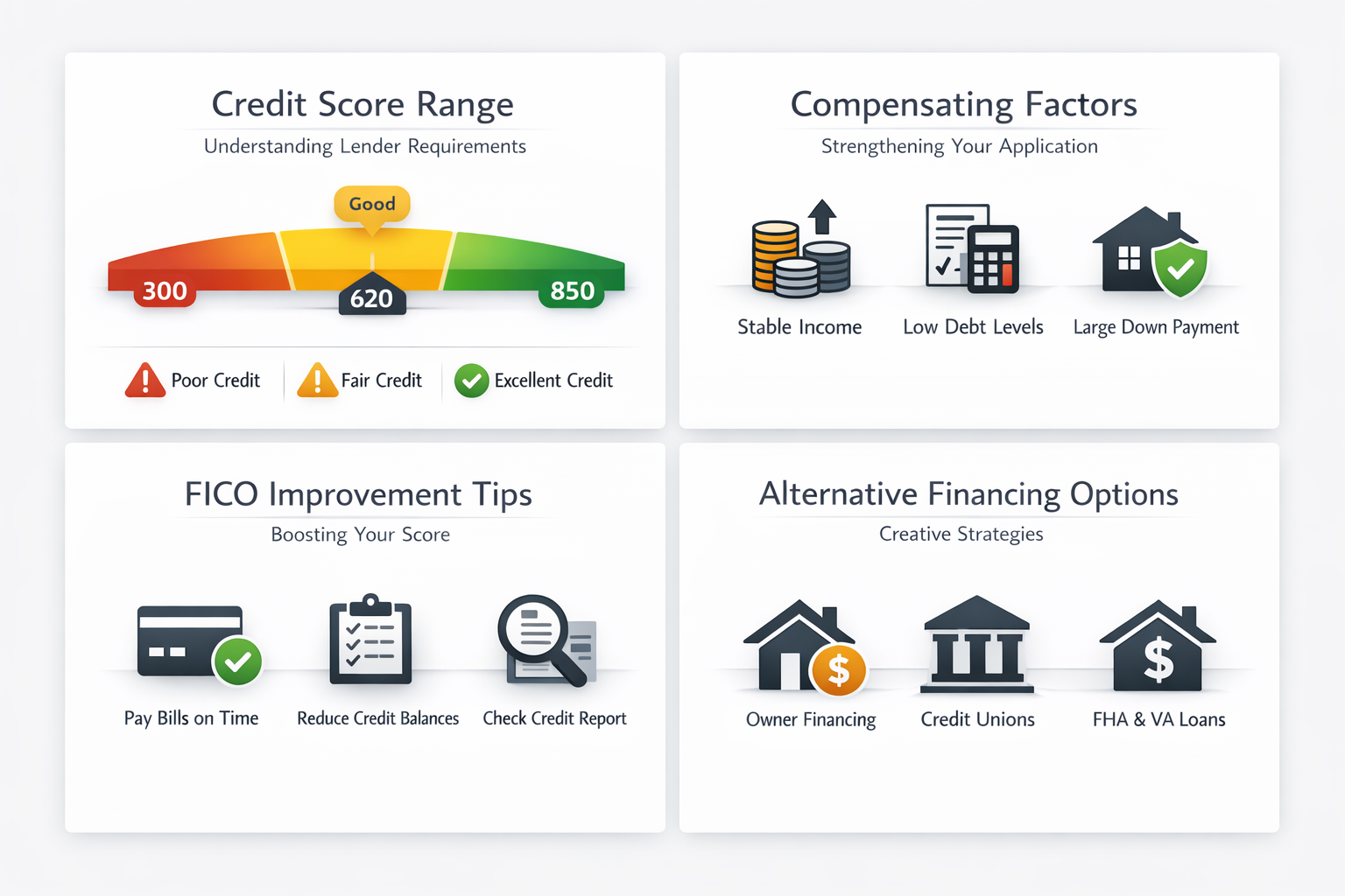 Infographic showing credit score ranges, compensating factors, FICO improvement tips, and alternative financing options for low credit.