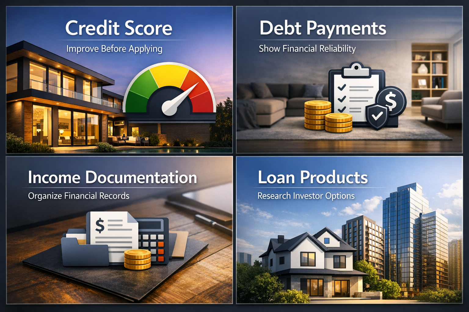 Infographic showing credit score improvement, debt payment reliability, organized income documentation, and research on loan products.