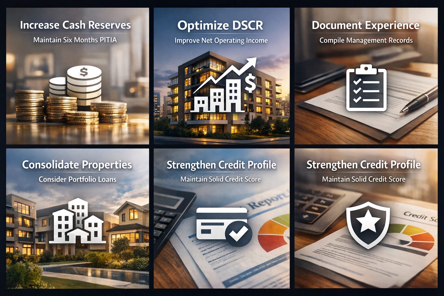 Steps to improve qualification profile for financing multiple rentals including cash reserves, DSCR, and credit profile.