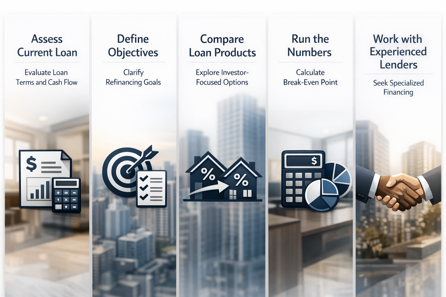 Five steps to refinance your rental property effectively, focusing on assessment, objectives, product comparison, calculations, and lender selection.
