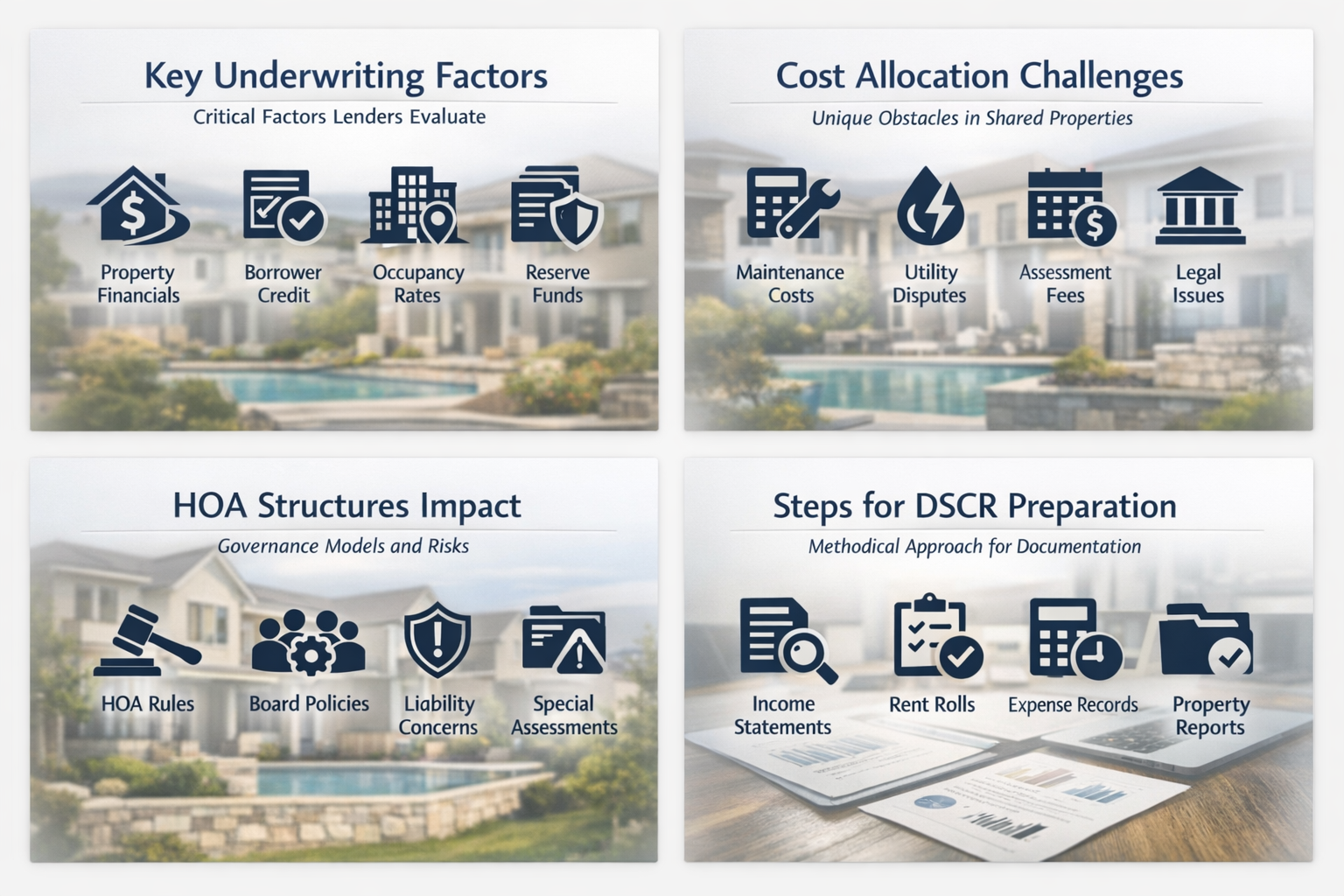 Infographic detailing key underwriting factors, cost allocation challenges, HOA structures impact, and steps for DSCR preparation.