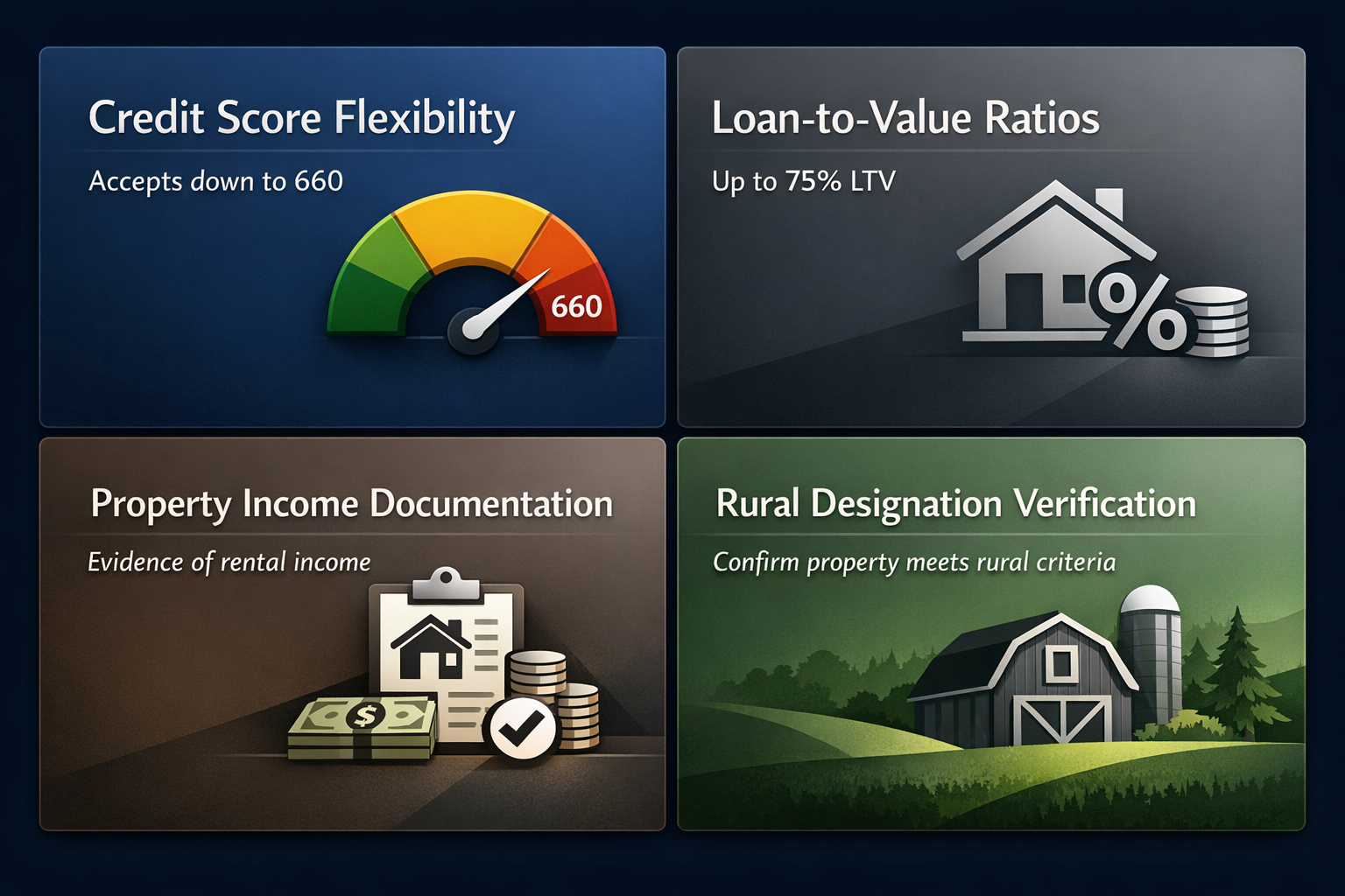 Essential requirements for DSCR loans in rural areas including credit score flexibility, LTV ratios, income documentation, and rural designation.