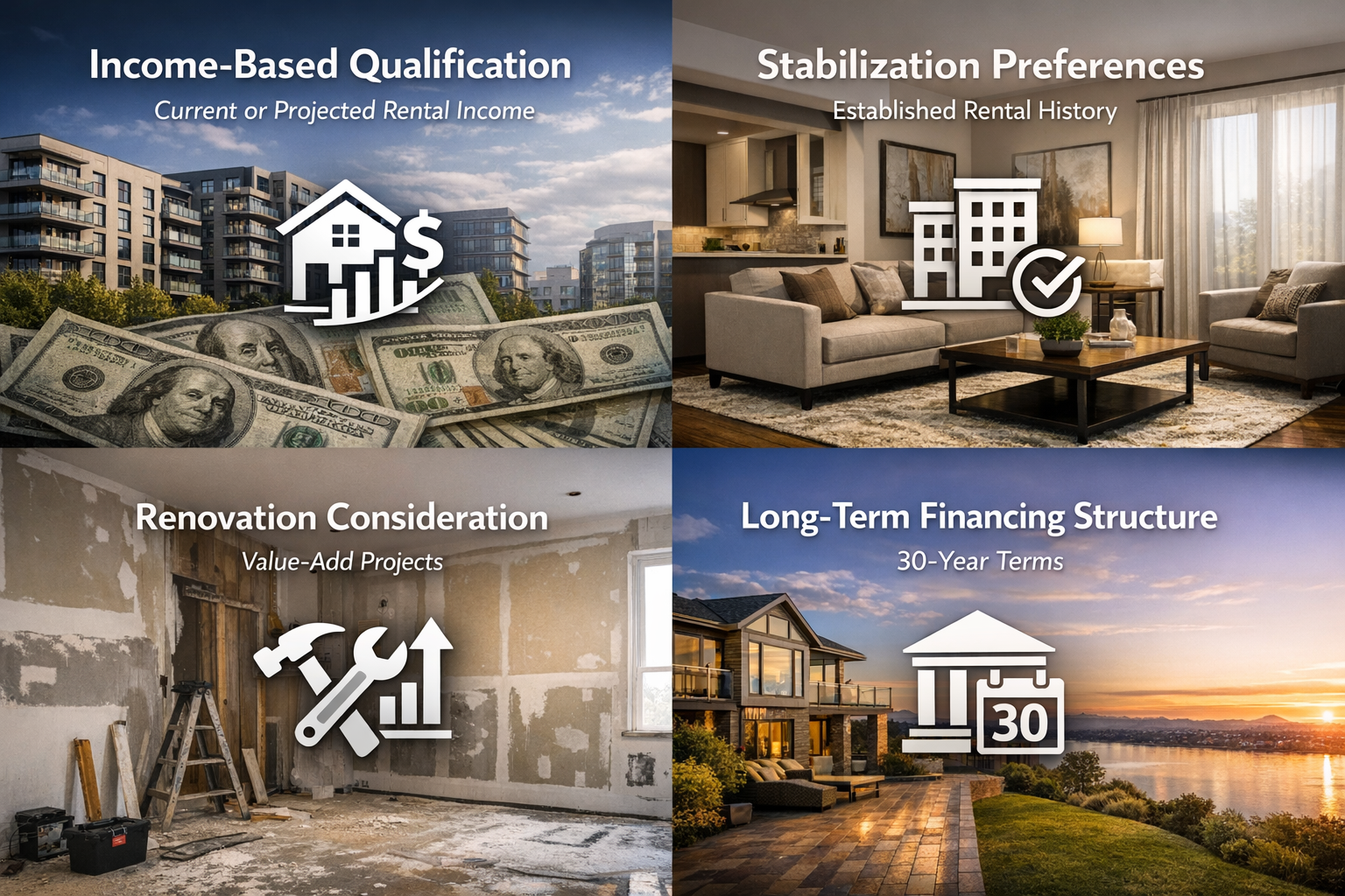 Infographic detailing DSCR loan concepts including income qualification, stabilization preferences, renovation considerations, and financing structure.