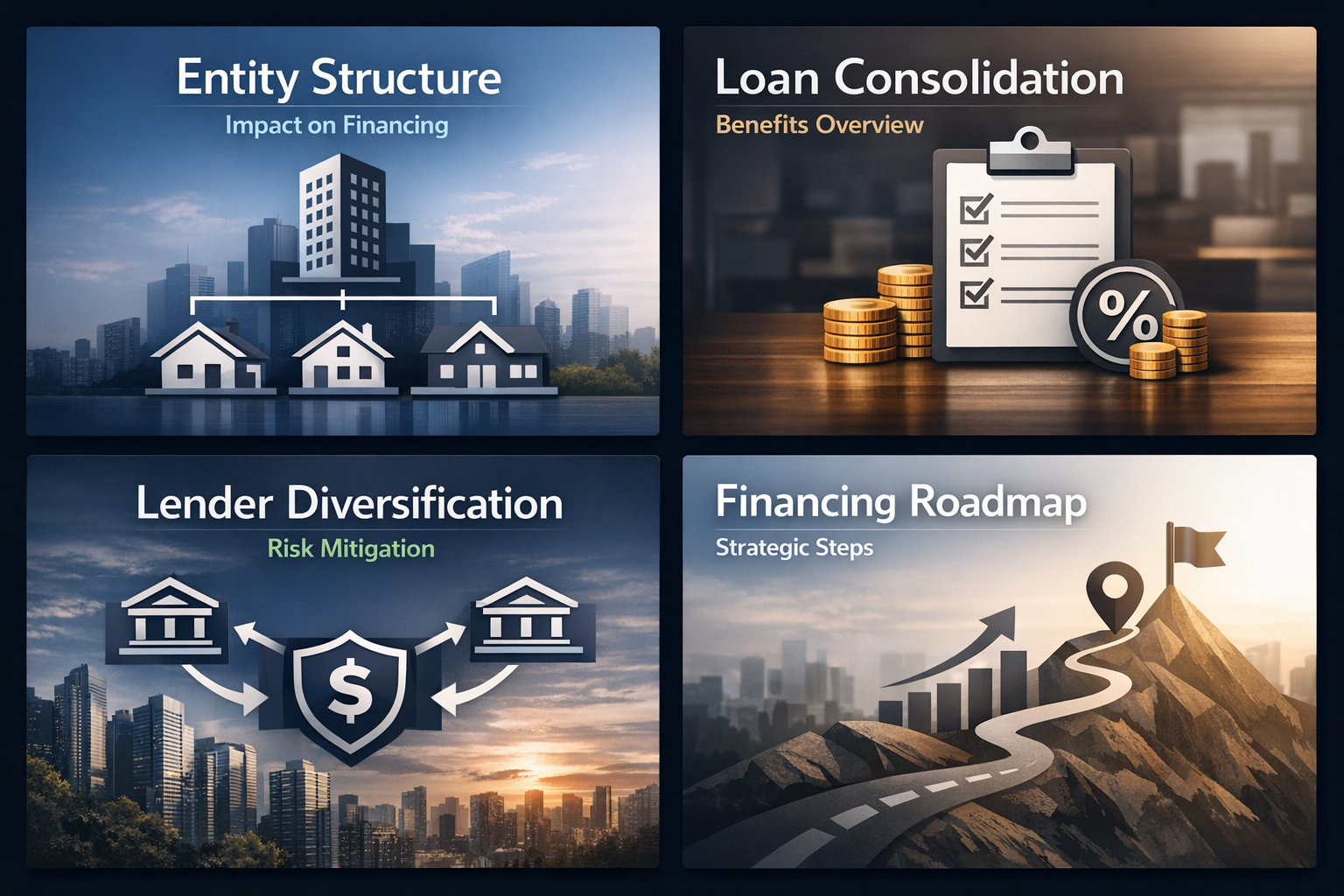 Visualizing strategic steps for structuring portfolio financing, including entity structure, loan consolidation, lender diversification, and a financing roadmap.