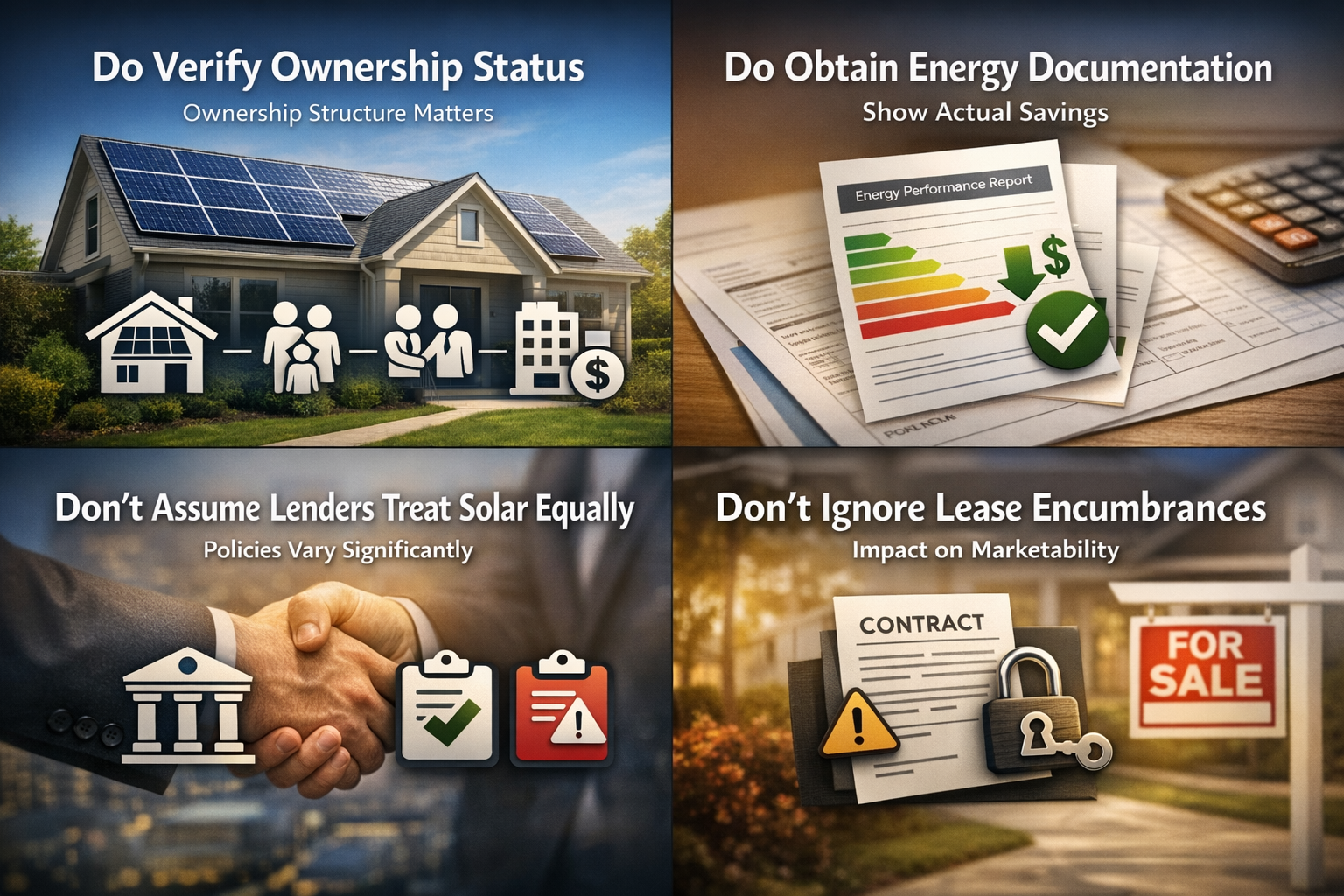 Infographic detailing do's and don'ts for DSCR financing of solar properties, including ownership verification and lender policies.