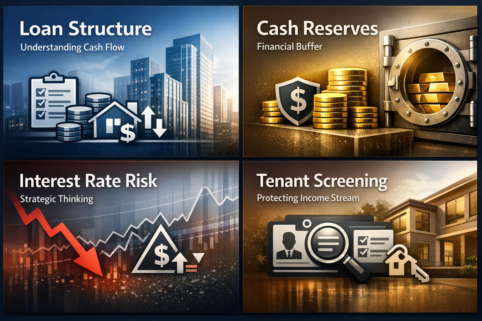 Infographic showing loan structure, cash reserves, interest rate risk, and tenant screening for managing rental loan risk.