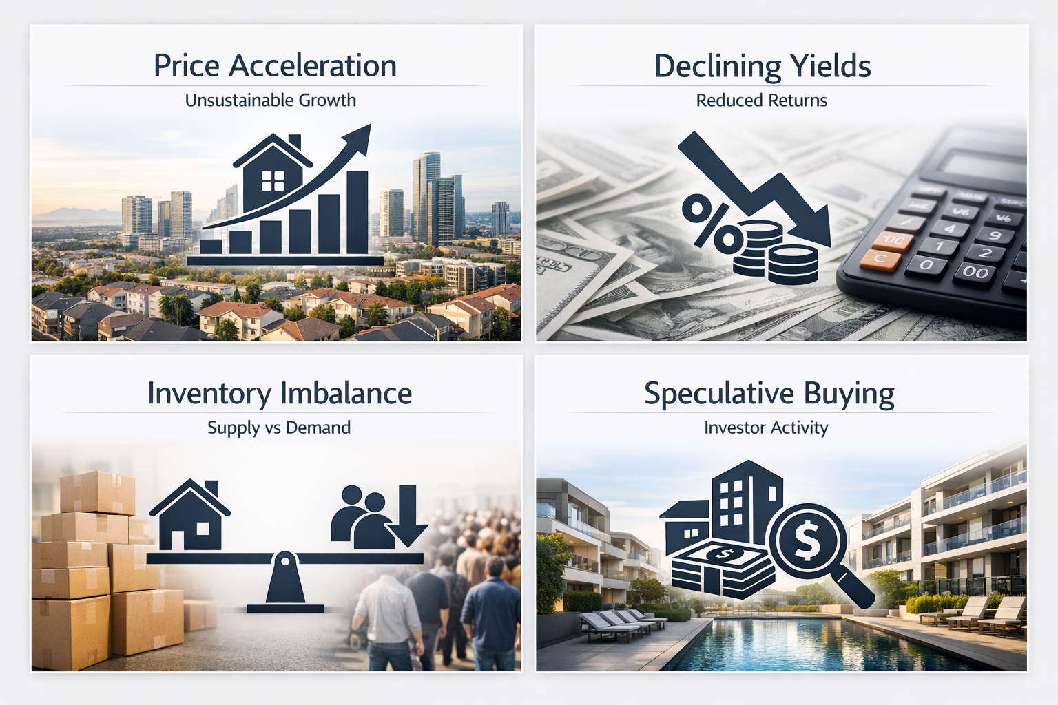 Infographic showing signs of an overheating rental market: price acceleration, declining yields, inventory imbalance, and speculative buying.