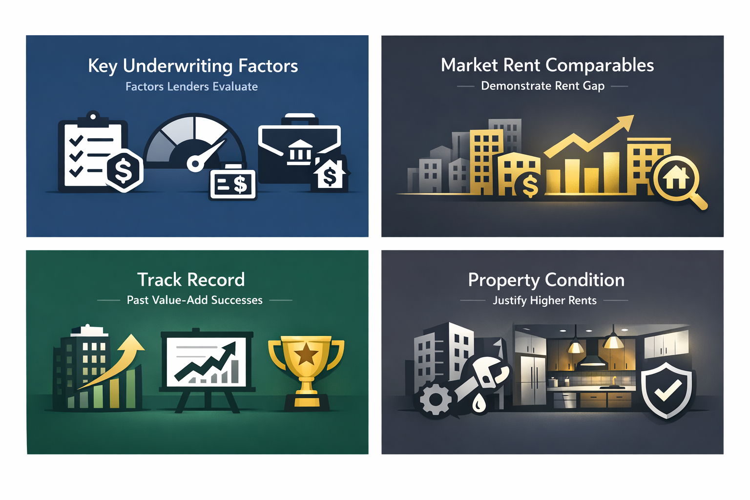Key underwriting factors for below market rent deals including market rent comparables and property condition.