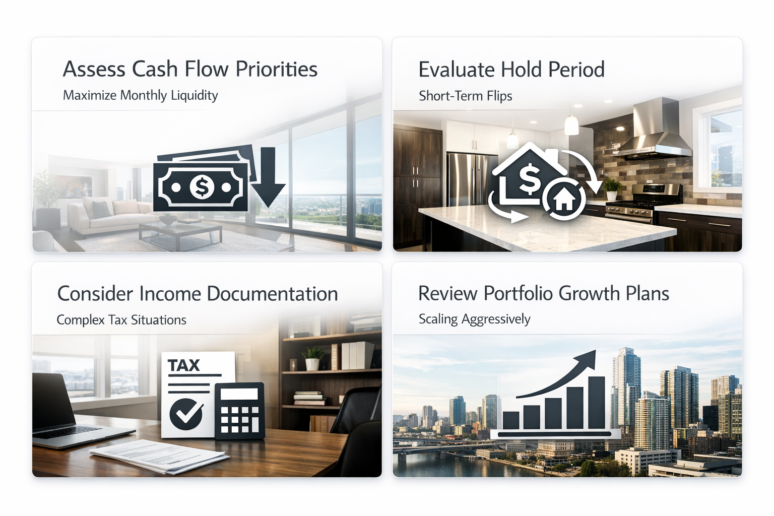 Visual breakdown of factors for choosing the right loan structure for rental investments, including cash flow priorities and growth plans.