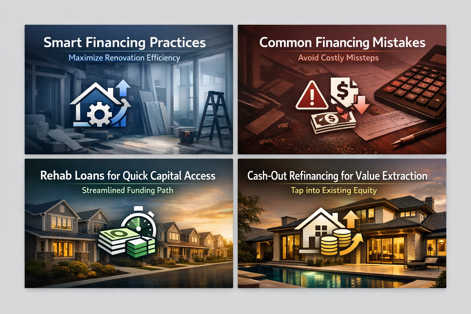 Infographic showing smart financing practices, common mistakes, rehab loans, and cash-out refinancing for rental property renovations.