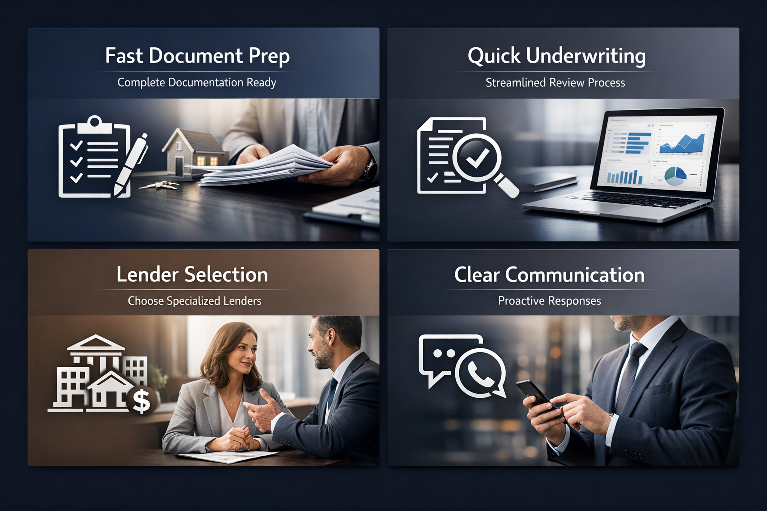 Infographic showing steps for fast rental property loan approval, including document prep, underwriting, lender selection, and communication.
