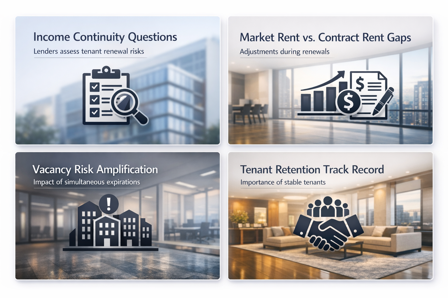 Infographic on DSCR loans detailing income continuity, market rent gaps, vacancy risks, and tenant retention factors.