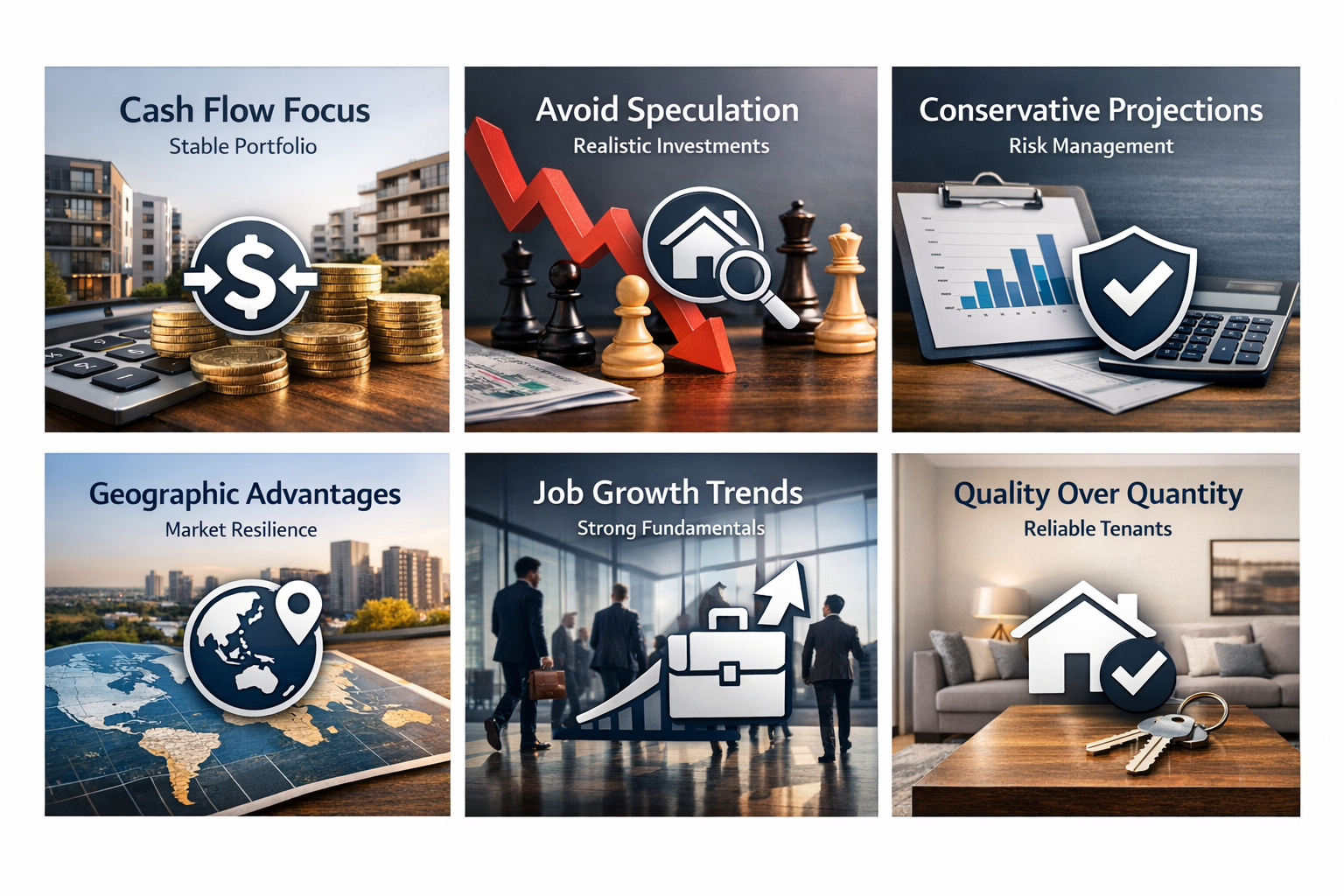 Infographic showing strategies for declining housing markets including cash flow focus and geographic advantages.