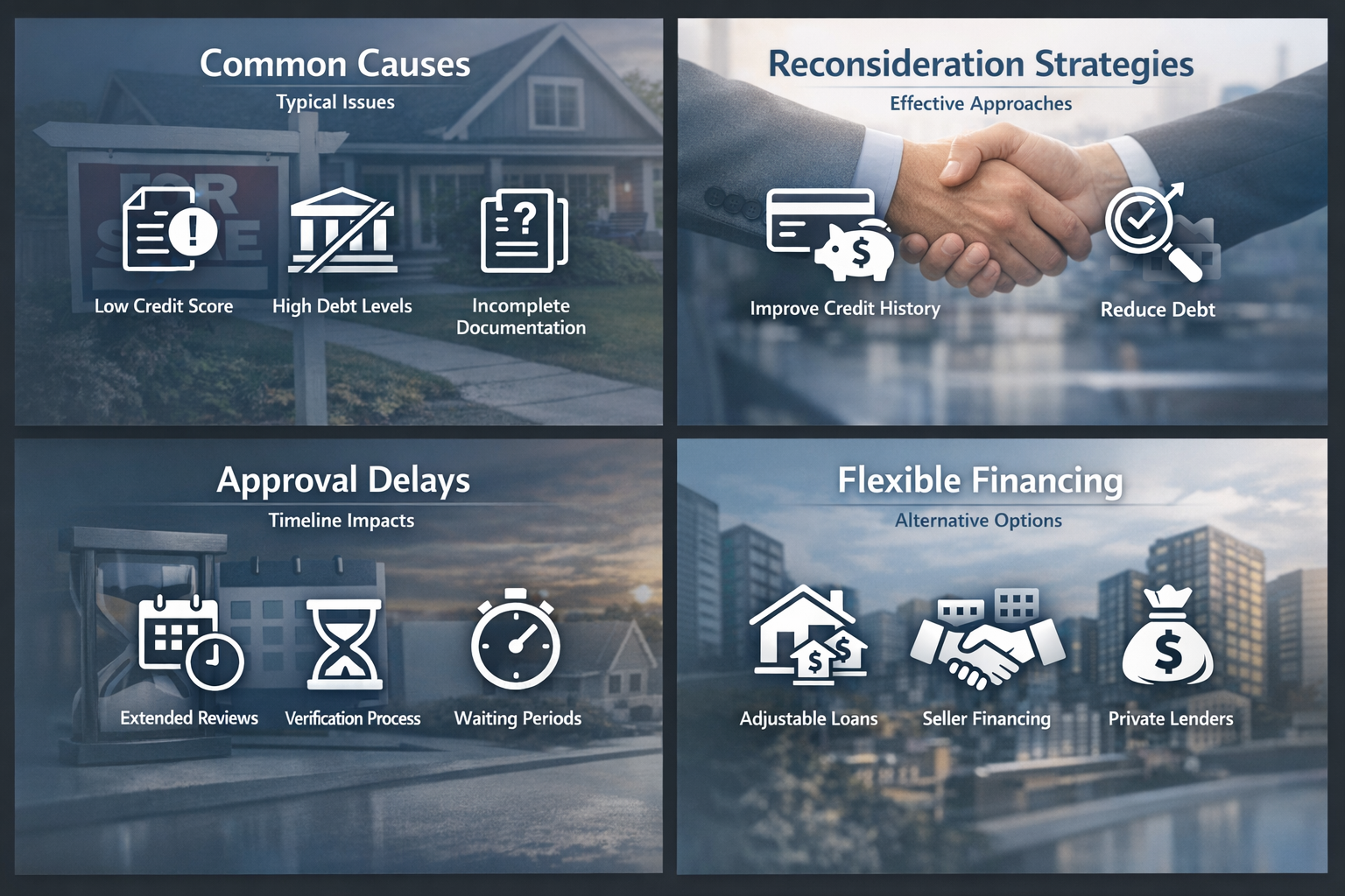 Infographic showing common causes of valuation disputes, reconsideration strategies, approval delays, and flexible financing options.