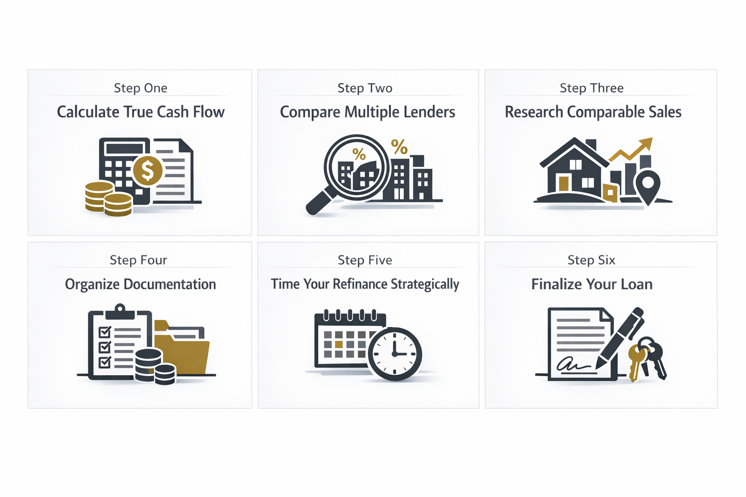 Five steps to overcome refinancing obstacles for rental properties, including cash flow calculation and lender comparison.