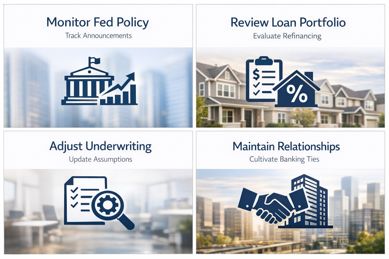 Steps for adapting investment strategies to Fed policy changes including monitoring, reviewing loans, adjusting underwriting, and maintaining relationships.