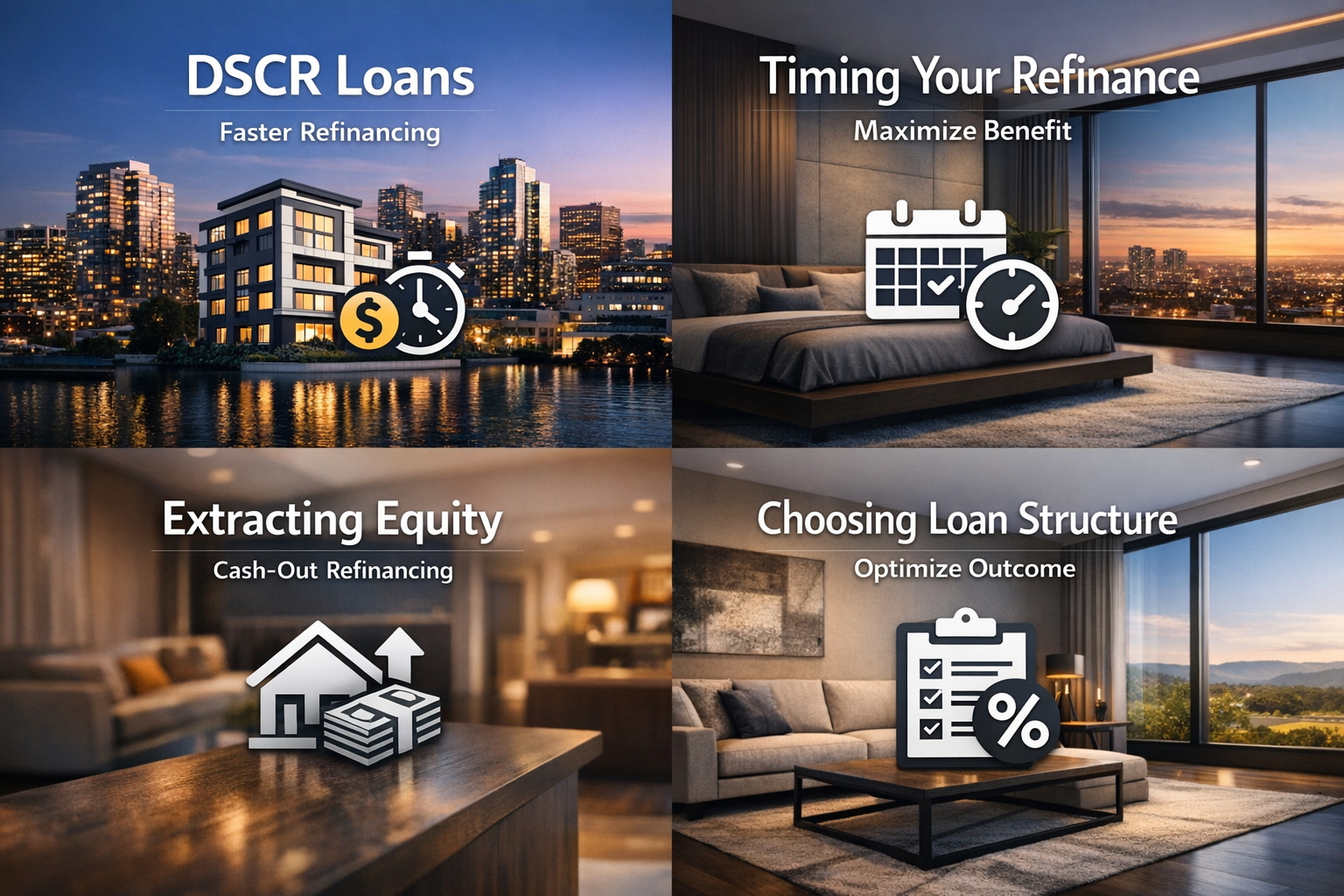 Infographic showing DSCR loans, timing refinances, equity extraction, and loan structure for rental properties in 2026.