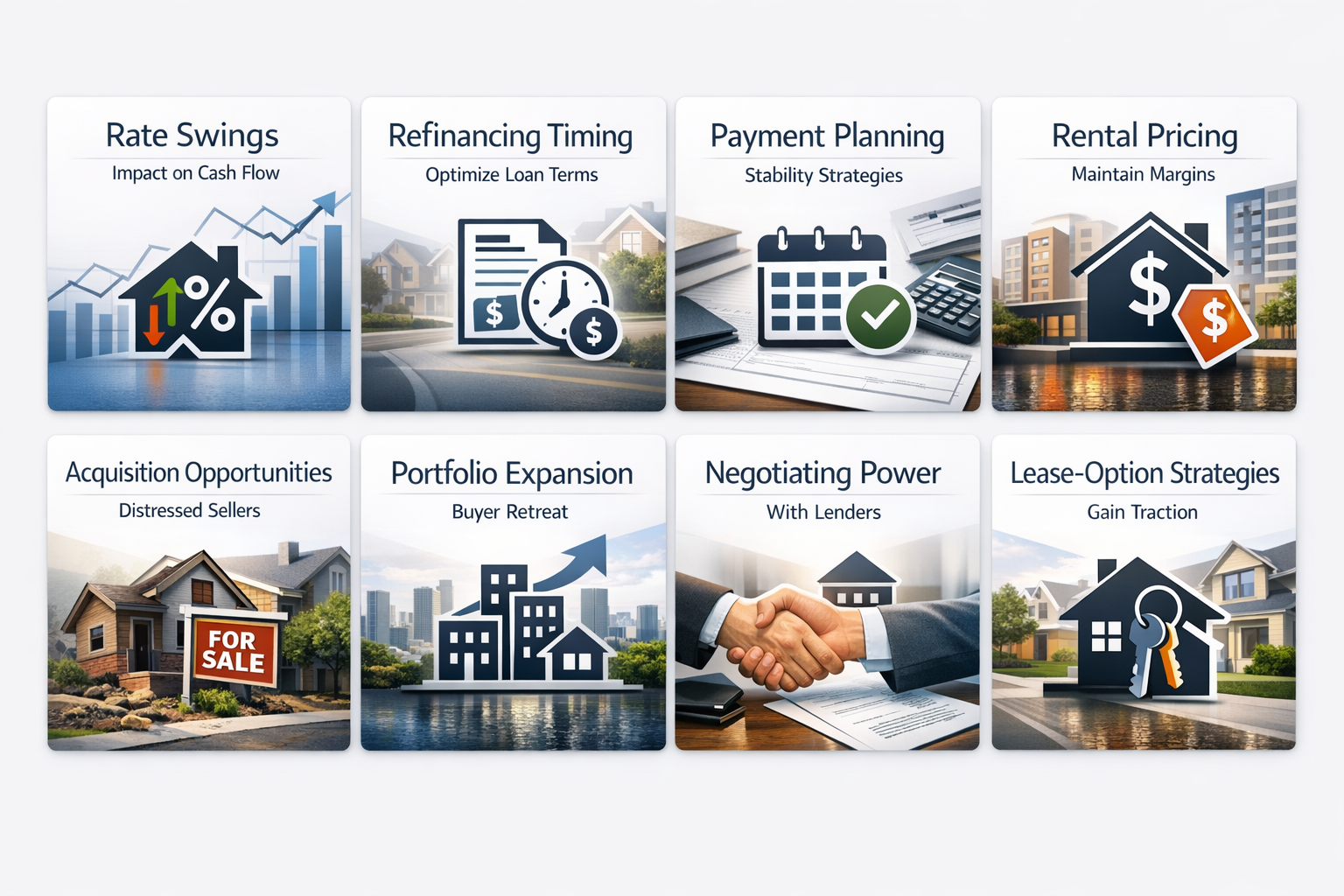 Infographic on mortgage volatility with panels on rate swings, refinancing timing, payment planning, and rental pricing strategies.