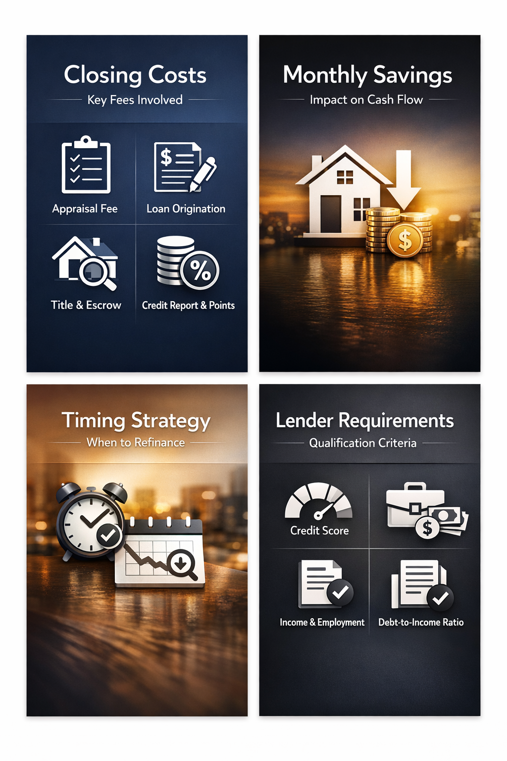 Infographic detailing closing costs, monthly savings, timing strategy, and lender requirements for refinancing.