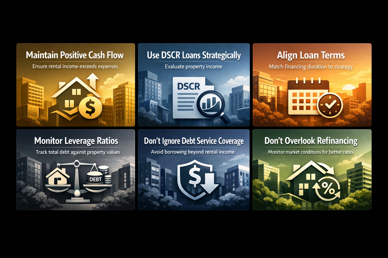 Infographic on smart leverage practices for portfolio growth, including cash flow, DSCR loans, loan terms, and leverage ratios.