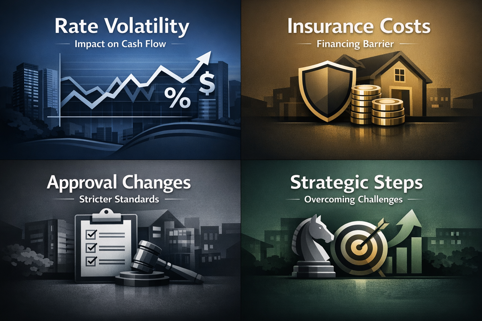 Visualizing top challenges in rental property financing with key factors and strategic steps for investors to consider.