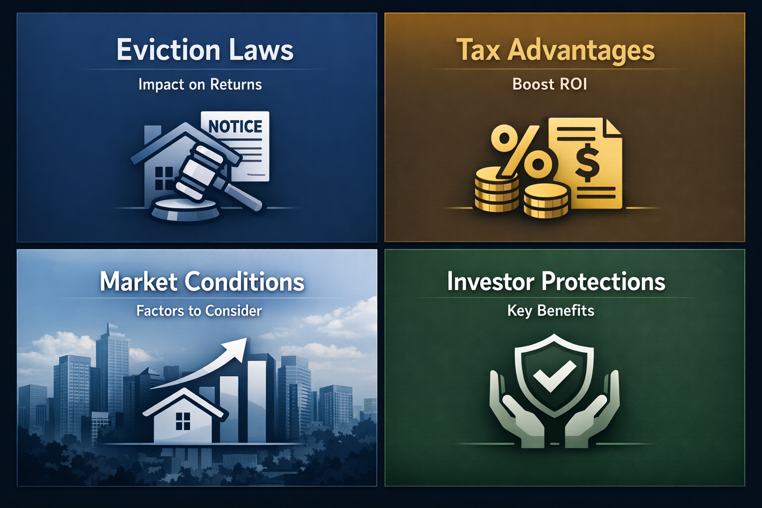 Infographic showing eviction laws, tax advantages, market conditions, and investor protections for landlord-friendly investing.