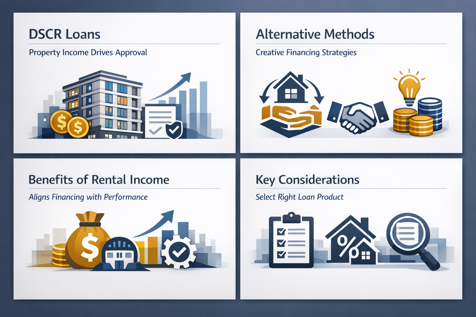 Infographic showing benefits of rental income qualification and key considerations for alternative financing methods.