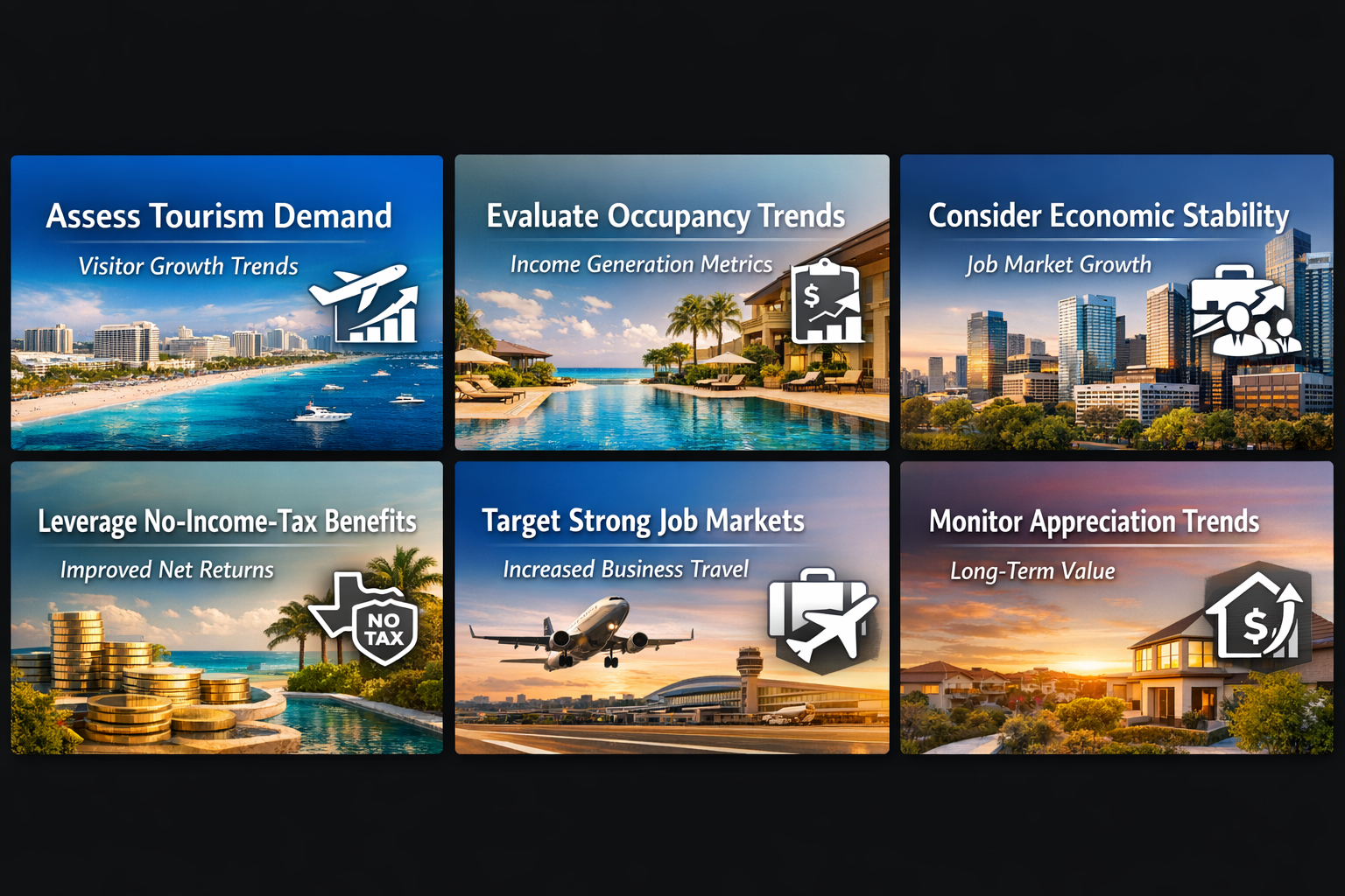 Infographic showing key factors for identifying high-performing vacation rental markets including tourism demand and economic stability.