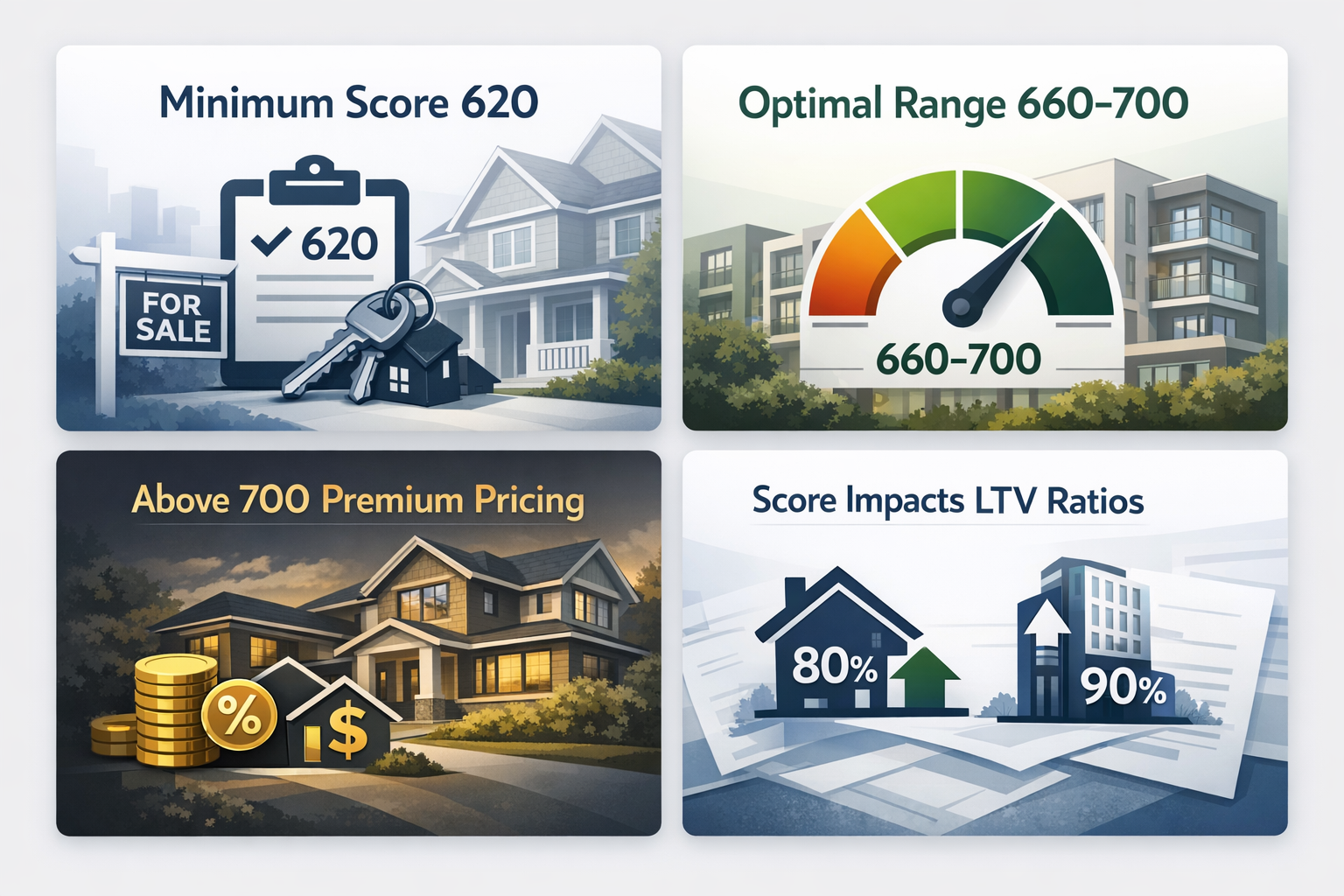 Key facts about DSCR loan credit score requirements for self-employed borrowers, including score ranges and impacts on LTV ratios.