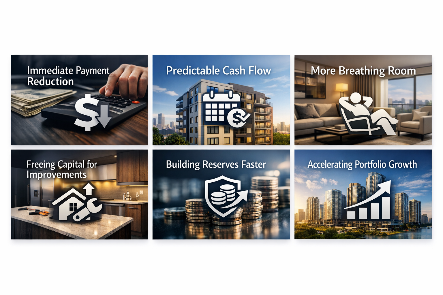 Infographic showing benefits of interest-only DSCR loans including payment reduction, cash flow predictability, and capital for improvements.