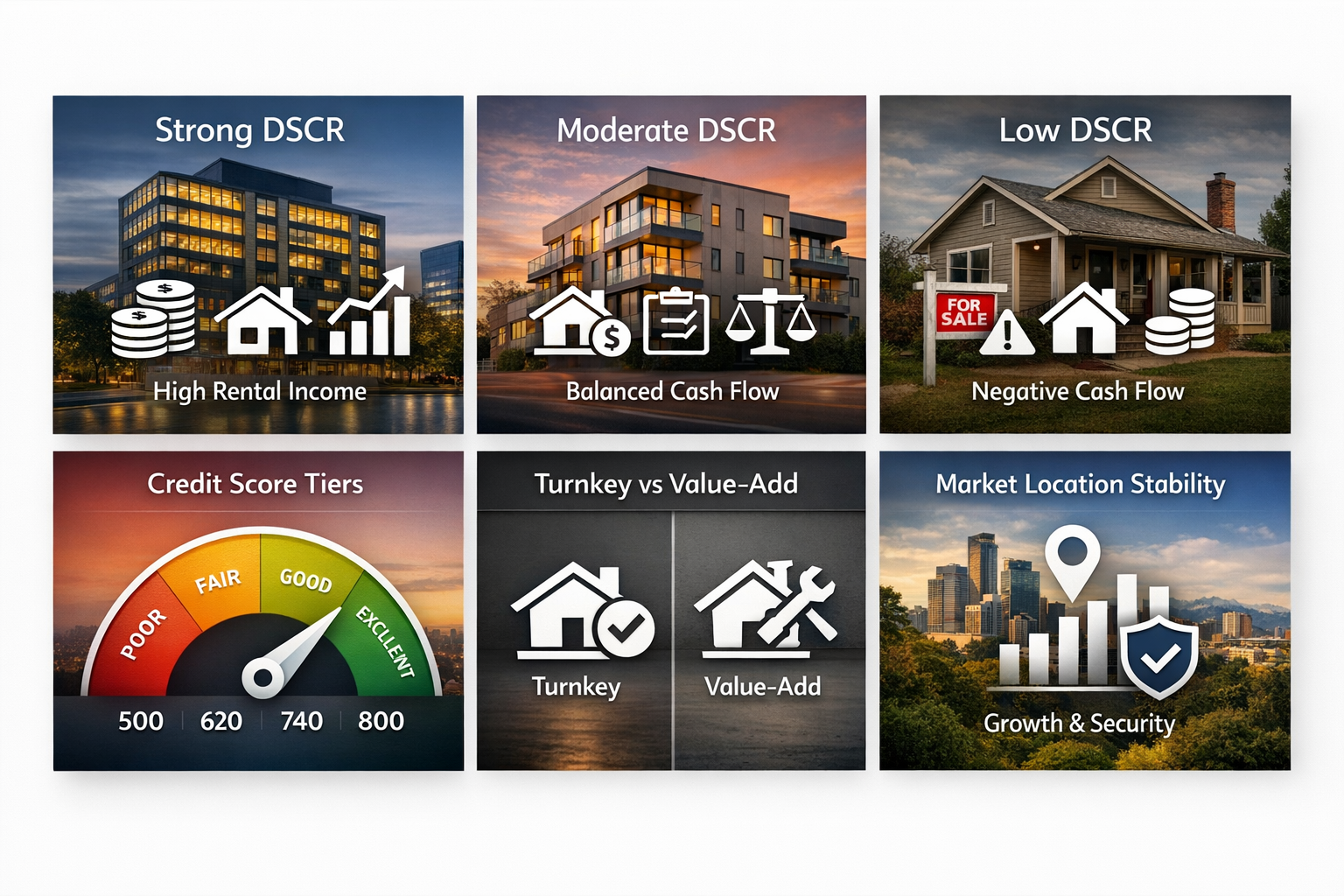 Infographic showing how DSCR ratios, credit scores, and property conditions affect down payment requirements for multifamily loans.