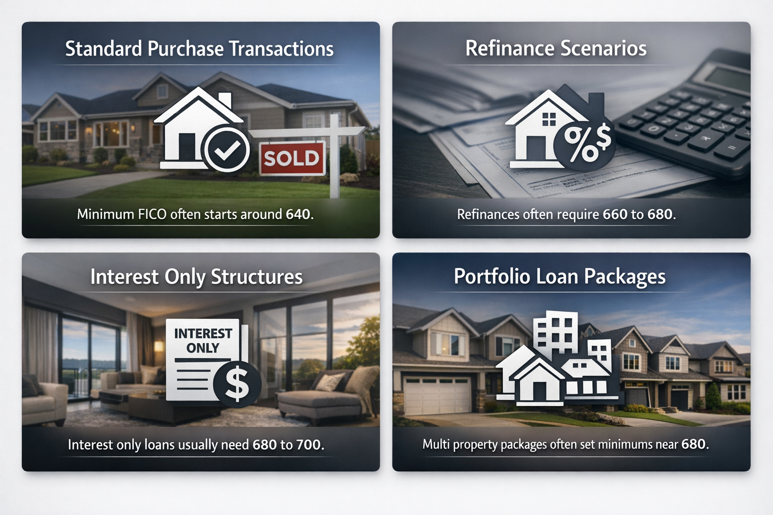 DSCR loan credit score exceptions for portfolio investors summarizing minimum credit rules for standard purchase, refinance, interest only, and portfolio packages