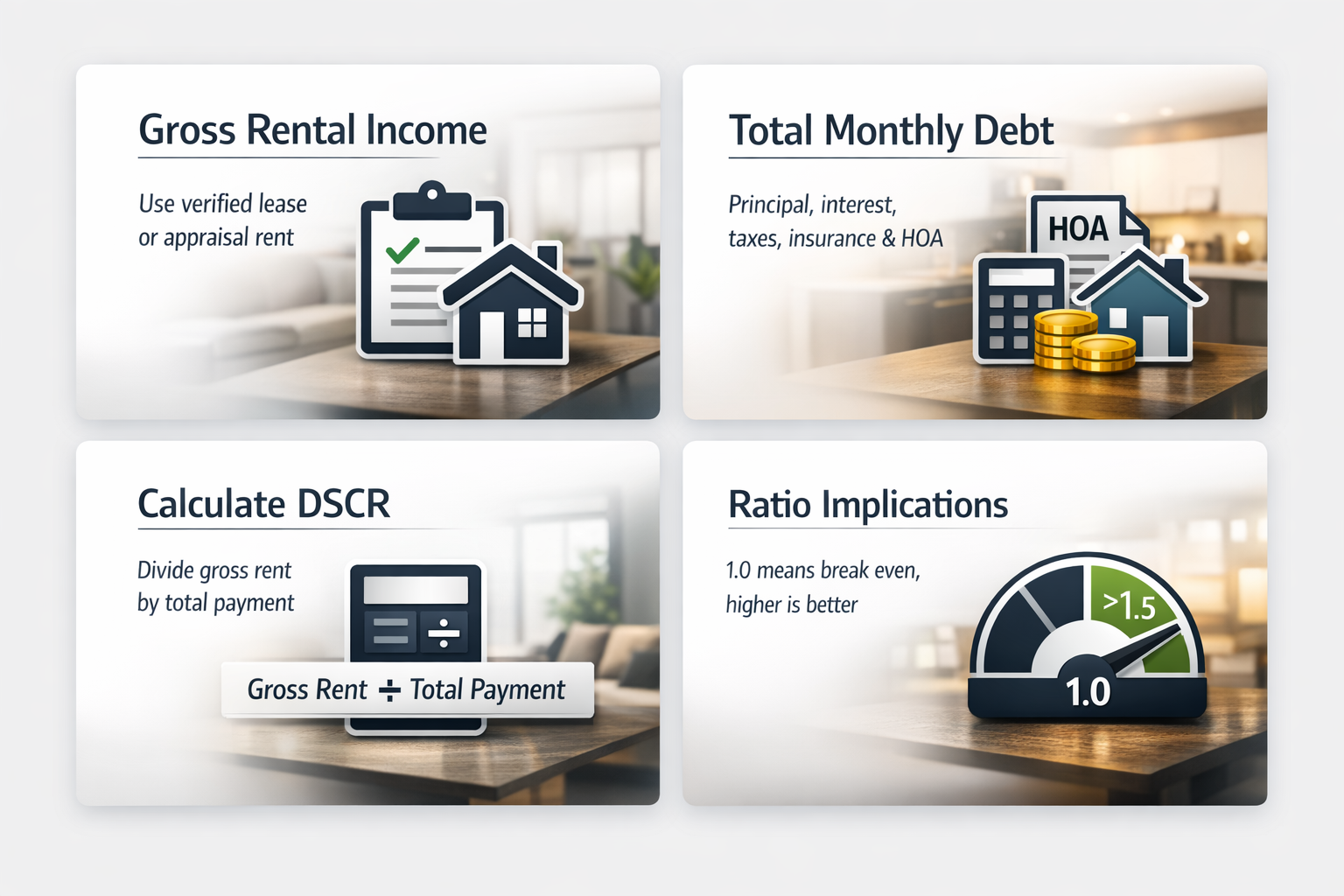 DSCR condo calculation guide showing gross rental income, total monthly debt, DSCR computation, and ratio implications for underwriting