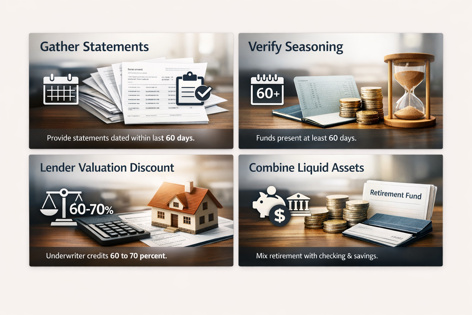 DSCR reserve verification using retirement accounts, panels Gather Statements, Seasoning, Valuation Discount, Combine Assets
