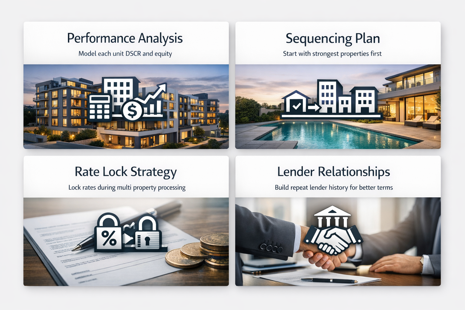 DSCR cash out guide for multi unit portfolios showing performance analysis, sequencing, rate lock strategy, and lender relationships