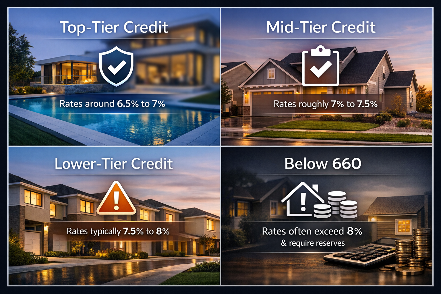 Overview of DSCR loan interest rate adjustments across credit tiers shown in four panels: Top-Tier Credit, Mid-Tier Credit, Lower-Tier Credit, and Below 660