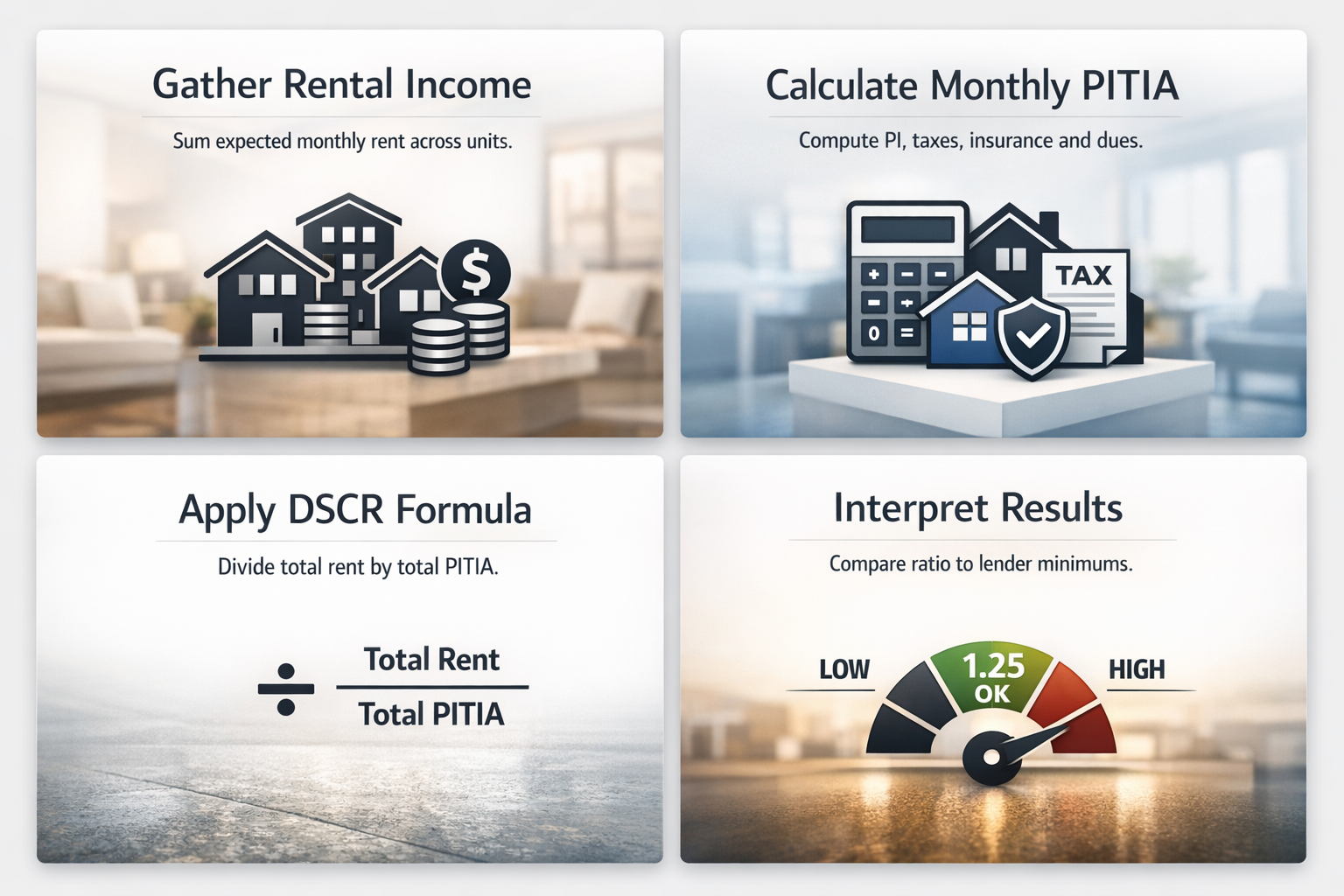 Visual guide to calculating portfolio DSCR showing Gather Rental Income, Calculate Monthly PITIA, Apply DSCR Formula, Interpret Results.