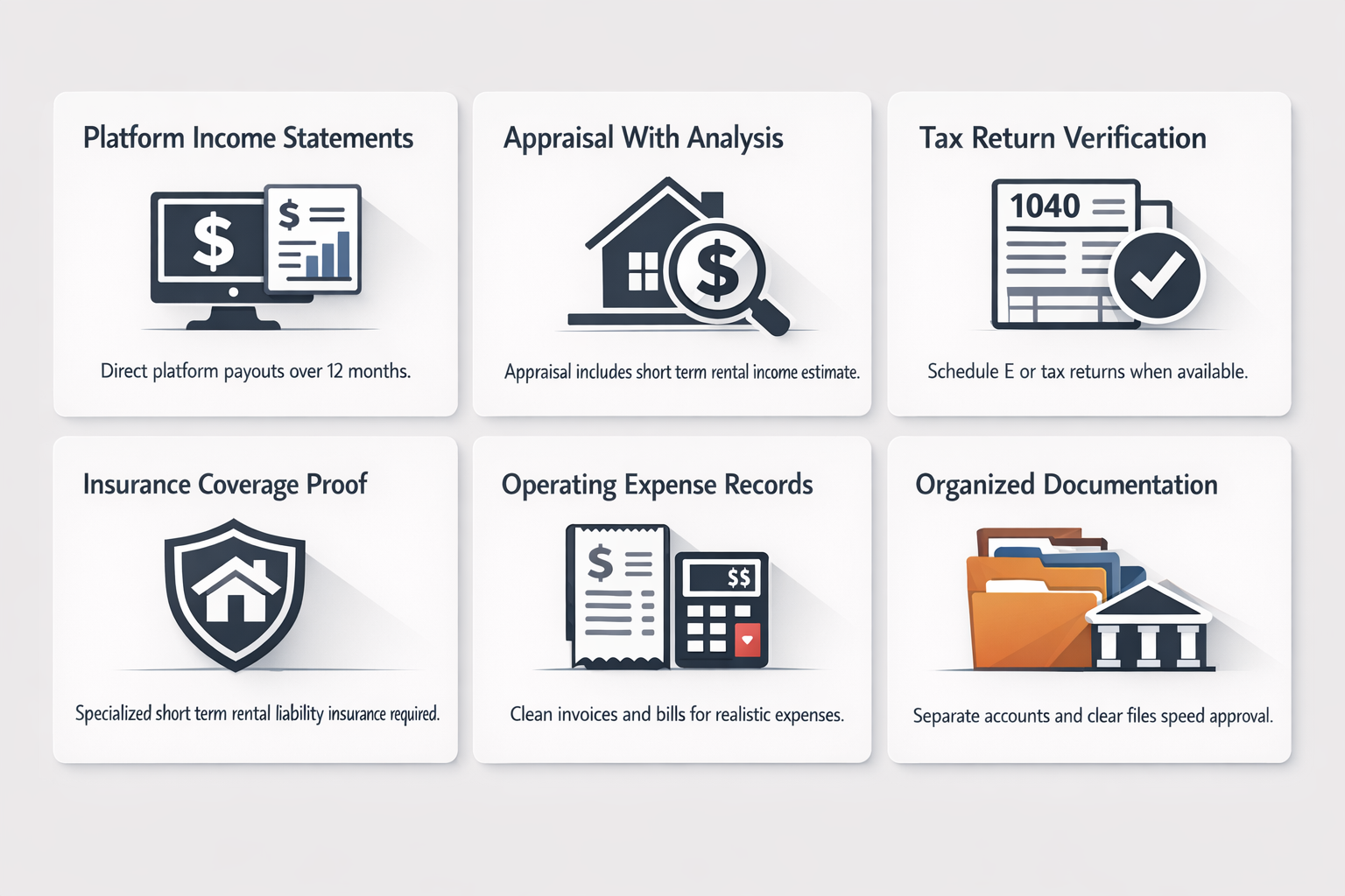 Airbnb revenue DSCR docs: platform payouts, appraisal income analysis, tax returns, insurance proof, expense records, organized files.