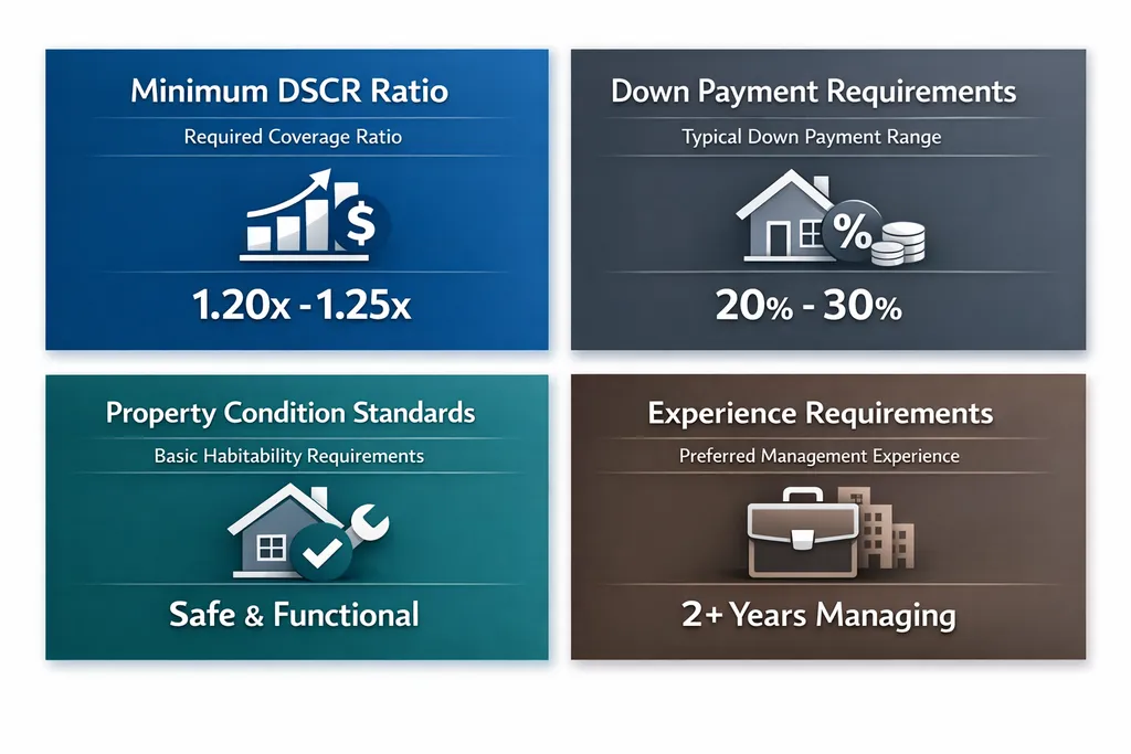 Key qualification requirements for small multifamily DSCR loans including DSCR ratio, down payment, property condition, and experience.