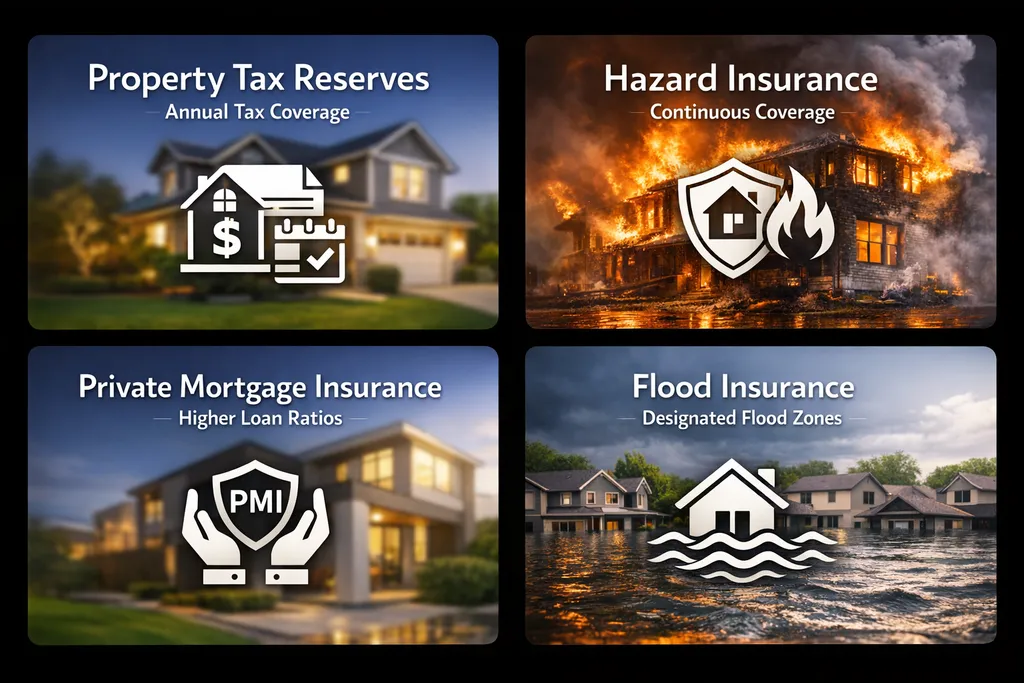 Infographic detailing DSCR loan escrow components including tax reserves, hazard insurance, PMI, and flood insurance.