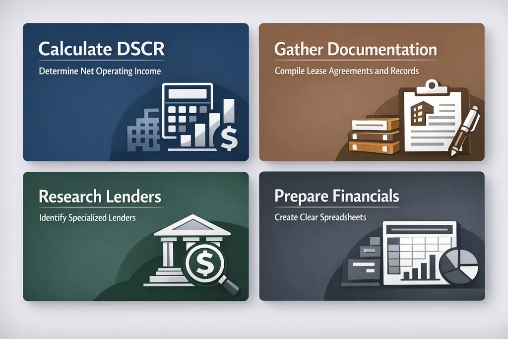 Steps to secure DSCR financing for Section 8 rentals including calculating DSCR, gathering documentation, researching lenders, and preparing financials.