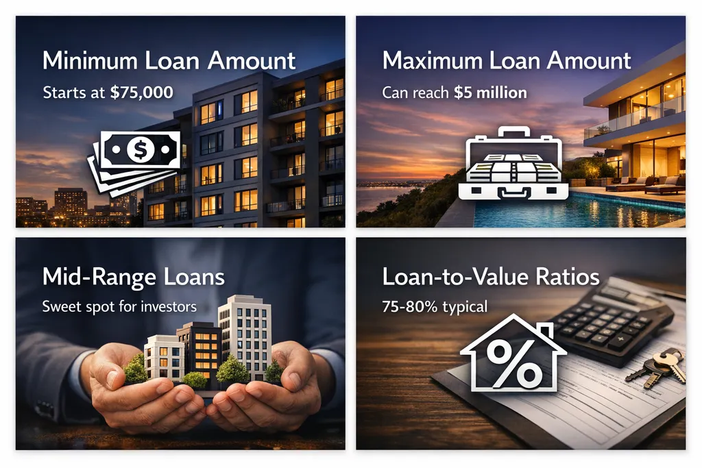 Infographic showing DSCR loan amount ranges including minimum, maximum, mid-range loans, and loan-to-value ratios.