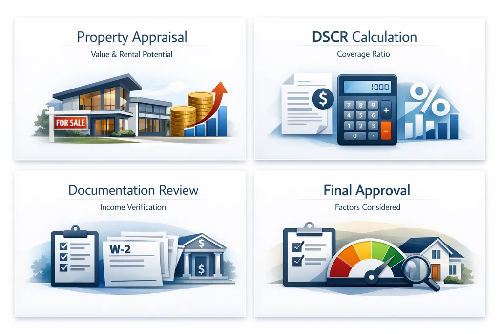 Step-by-step income qualification process for DSCR loans with appraisal, calculation, documentation, and approval factors.